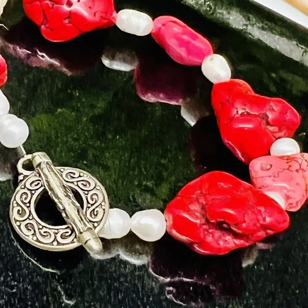 Artisan Bracelet Pearls Pink Red Dyed Howlite Silver Ornate Toggle Clasp 1384